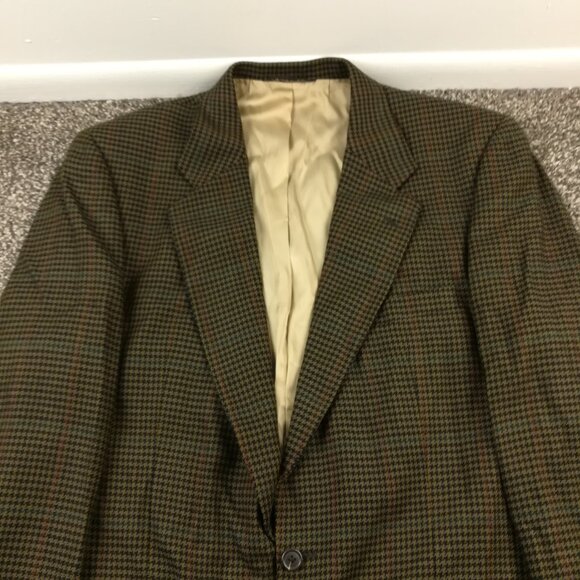 Vintage Burberry Sport Coat Tweed Wool Houndstooth Green 46L USA Made